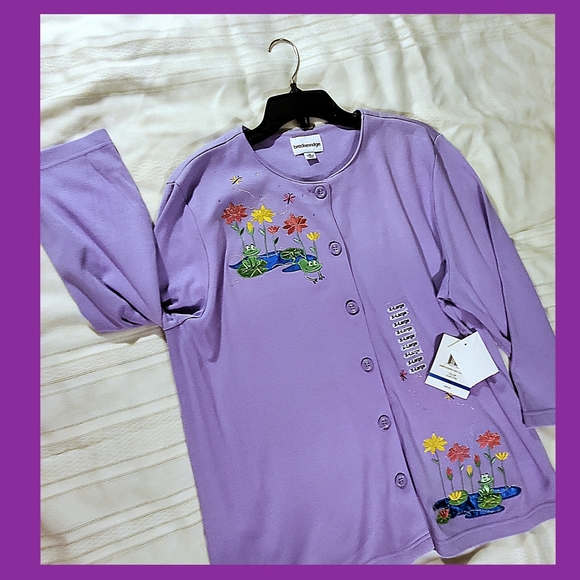 Lavender Embroidered Front Button Knit Blouse - Picture 8 of 12